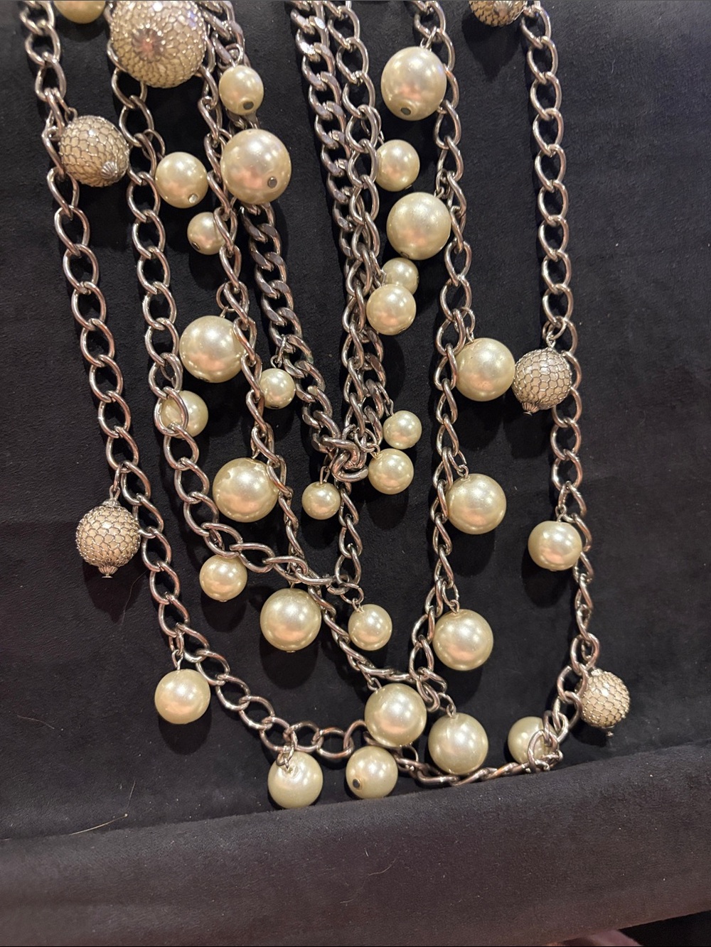 Multi-Strand Silver-Tone Necklace with Cream Pearl Accents